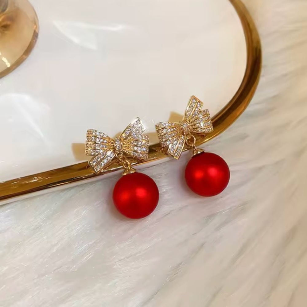 Gold Bow Red Dangling Stud Earrings Formal Coquette Cocktail Party Jewelry